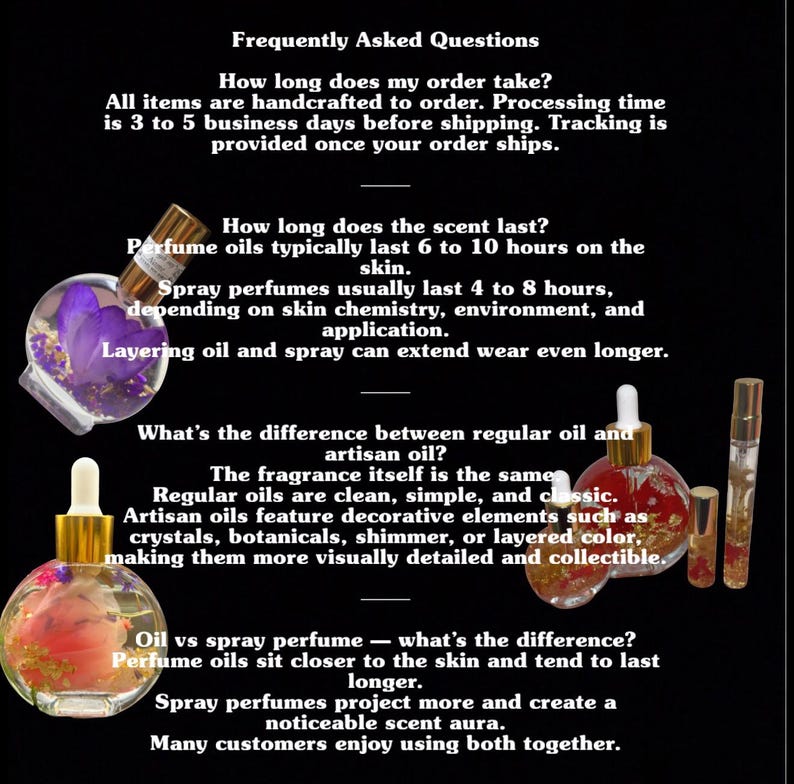 May include: A black background with text about perfume oils and sprays. The image includes three perfume bottles with decorative elements, including flowers and gold flakes. The text answers frequently asked questions.