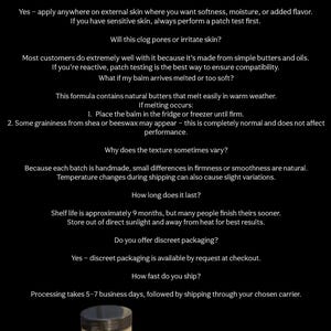 May include: Several jars of Peach Gobbler balm are displayed against a black background. The jars have white labels with the product name and a peach graphic. The FAQ text is visible in the background.