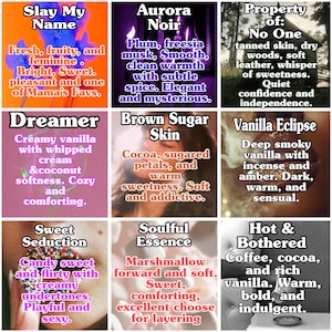 May include: A collage of nine fragrance descriptions with text. The descriptions include "Slay My Name", "Aurora Noir", "Property of: No One", "Dreamer", "Brown Sugar Skin", "Vanilla Eclipse", "Sweet Seduction", "Soulful Essence", and "Hot & Bothered".