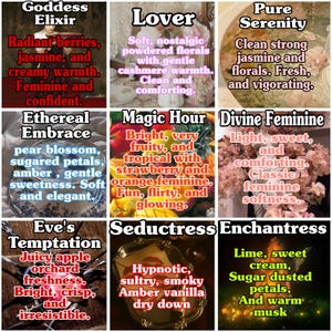 May include: Nine perfume descriptions with text. The descriptions include "Goddess Elixir", "Lover", "Pure Serenity", "Ethereal Embrace", "Magic Hour", "Divine Feminine", "Eve's Temptation", "Seductress", and "Enchantress". Each description lists scent notes.