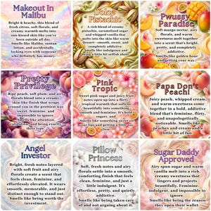 May include: Nine fragrance descriptions with names like "Makeout In Malibu" and "Sugar Daddy Approved" are displayed on a white background. Each description includes a list of scent notes and a brief description of the fragrance.