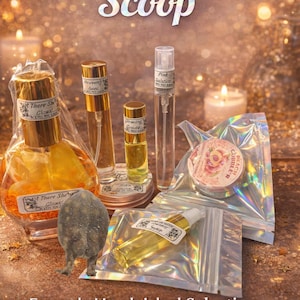 May include: An assortment of perfume bottles and samples, featuring a large, round bottle with a gold cap and label, and several smaller vials. The image includes the text "Curated Fragrance Scoop" and "Example Handpicked Selection".