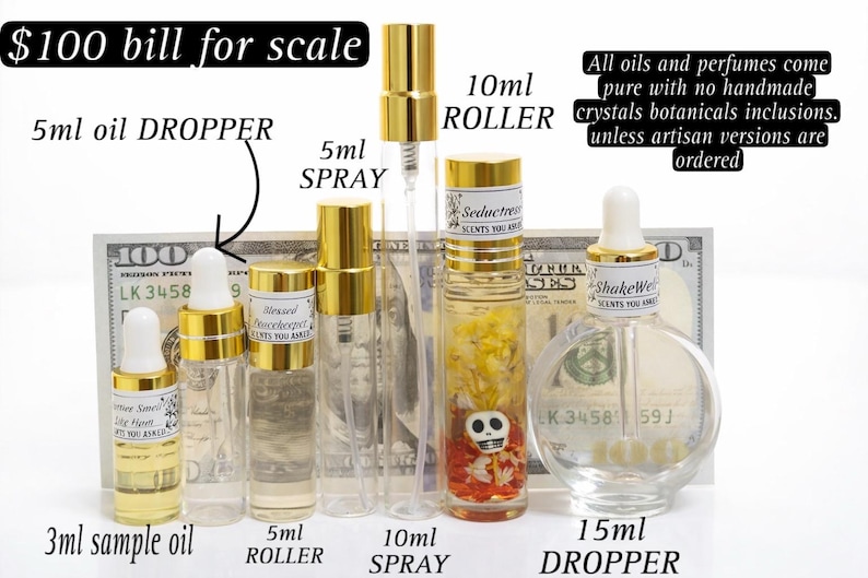 May include: Assortment of perfume bottles and sample oils, including 3ml, 5ml, 10ml, and 15ml sizes. The bottles have gold caps and labels. The text on the image says "All oils and perfumes come pure with no handmade crystals botanicals inclusions."