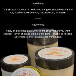 May include: Three jars of Peach Cobbler flavored balm with a white and orange gradient. The jars have black lids and gold rims. The label reads "Peach Gobbler" with a peach graphic. Key features include moisturizing, softening, and a creamy balm formula.
