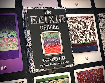 May include: The Elixir Oracle deck box features a black background with silver accents. The title "The Elixir Oracle" is printed in silver lettering. The box includes a 50 card deck and booklet. The box is surrounded by other cards from the deck.