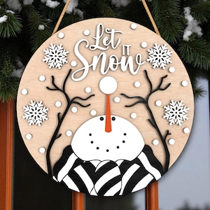 Appendino per porta a forma di pupazzo di neve / Cartello rotondo &quot;Let It Snow&quot; con rami e neve che cade / Decorazione murale invernale in legno 3D / Decorazione per veranda per le feste