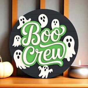 Halloween Door Sign | Boo Crew Ghost Wall Art | Green and White Spooky Round Plaque | Cute Halloween Decor for Kids Room