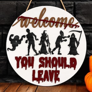 Bordje Halloween-deurhanger dat je moet achterlaten | Griezelig zombiemonster Ghost Reaper muurdecoratie | Grappige enge Halloween-verandadecoratie
