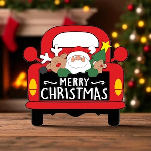 Christmas Table Sign | Red Truck  Merry Christmas with Santa, Reindeer & Friends | Wooden Holiday Shelf Decor | Festive Fireplace Decoration