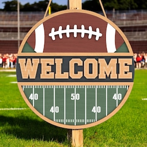 Football Door Hanger | Welcome Door Sign | Game Day Entryway Decor | American Football Field Wood Round | Sports Porch Sign