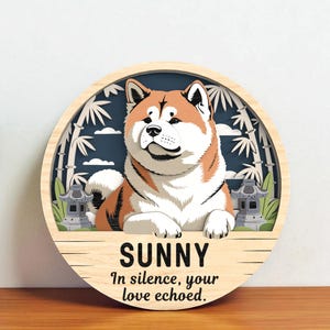 Personalized Akita Dog Memorial Sign | Custom Japanese Garden Scene with Akita Inu | Round Wooden Pet Remembrance