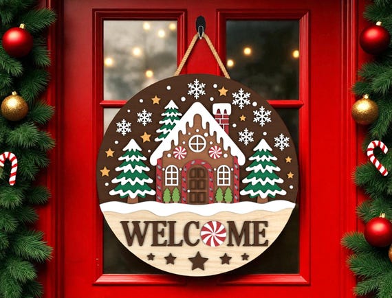 ジンジャーブレッドハウスのクリスマスドアハンガー：木製のホリデー