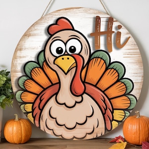 Hi Turkey Thanksgiving Door Sign | Cute Fall Porch Sign | Rustic Autumn Door Hanger | Farmhouse Holiday Door Decor