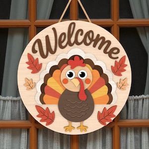 Welcome Turkey Door Hanger | Thanksgiving Wooden Front Door Sign | Fall Harvest Turkey Decor | Rustic Autumn Door Decoration