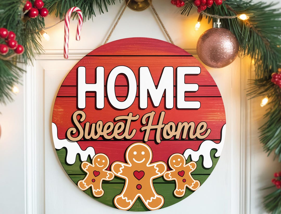 Home Sweet Home Gingerbread Family Sign | Red Green Christmas Door ...