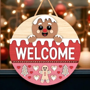 Christmas Welcome Door Hanger | Gingerbread Man with Candy Trees | Cute Wooden Round Sign | Holiday Front Door Decoration
