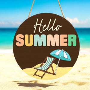 Hello Summer Chair Sign, Beach Umbrella Wooden Door Hanger, Colorful Round Summer Porch Sign, Layered MDF Summer Decor for Entryway