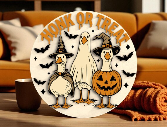 Honk or Treat Goose Sign | Halloween Door Sign | Funny Witch and Ghost Ducks | Wooden Trick or Treat Porch Decor