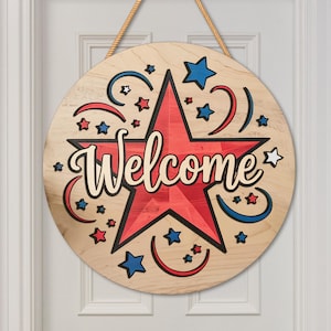 Independence Day Welcome Sign – Patriotic Star Wood Door Hanger – 4th of July Porch Decor Red White Blue