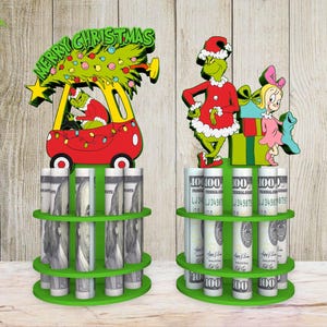 Porta soldi Merry Grinchmas in piedi Svg, Porta soldi Lasercut File Svg, Torta soldi delle feste Svg, Porta contanti, Regalo di Natale, Glowforge Svg