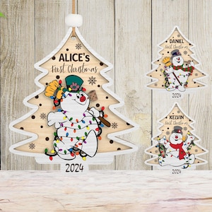 2024 personalisierte Baby Name Ornament svg, Karikatur Schneemann svg, Anpassen des ersten Weihnachtsaufhängers, Weihnachtsbaum aus Holz, Lasercut-Datei-Svg
