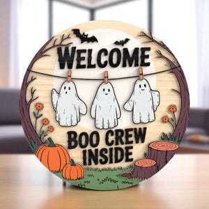 Welcome Boo Crew Inside Door Sign | Halloween Front Door Decor | Cute Ghost Family Sign | Kid-Friendly Halloween Decor