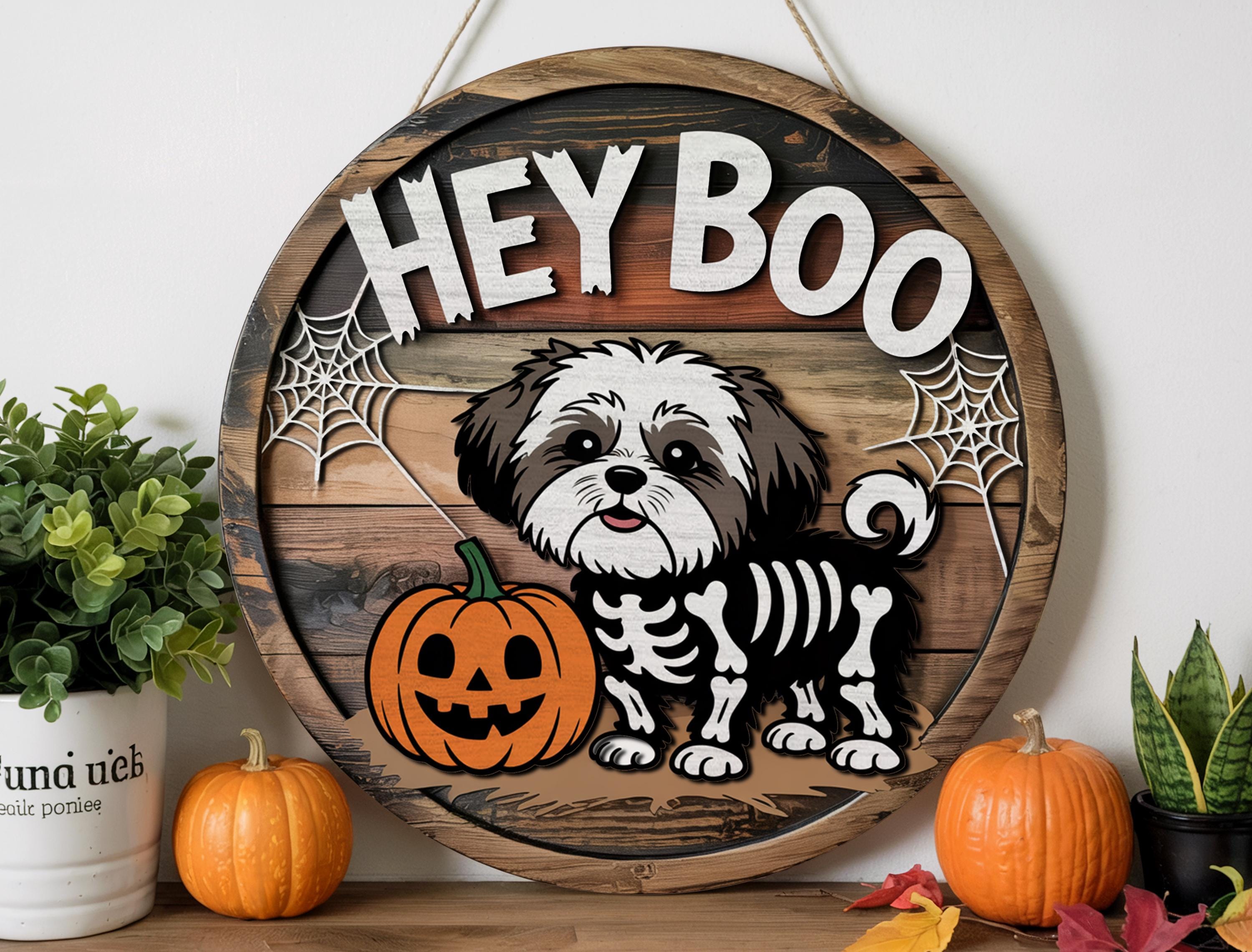 Hey Boo Skeleton Hey Boo Shih Tzu Halloween Door Sign | Cute Shih Tzu Skeleton Fall ...