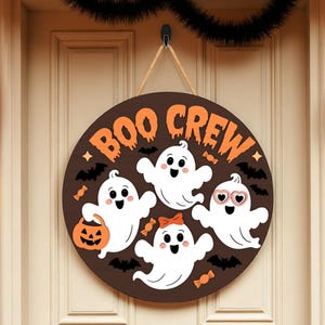 Halloween Door Hanger | Boo Crew Ghost Family Sign | Cute Multilayer Wooden Round Decor with Bats and Candy | Fun Fall Porch Sign for Kids