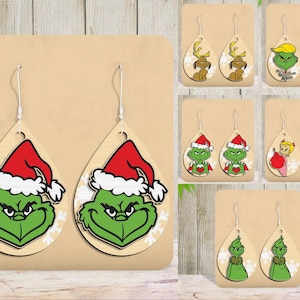Cartoon Grinchmas Earring Lasergesneden bestand Svg, stripfiguren Earring Svg, Christmas Earring Svg, kerstcadeau, Glowforge Svg-bestand