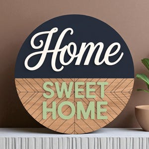 Home Sweet Home Door Sign | Modern Rustic Round Wood Sign | Geometric Pattern Entry Decor | Layered Welcome Sign