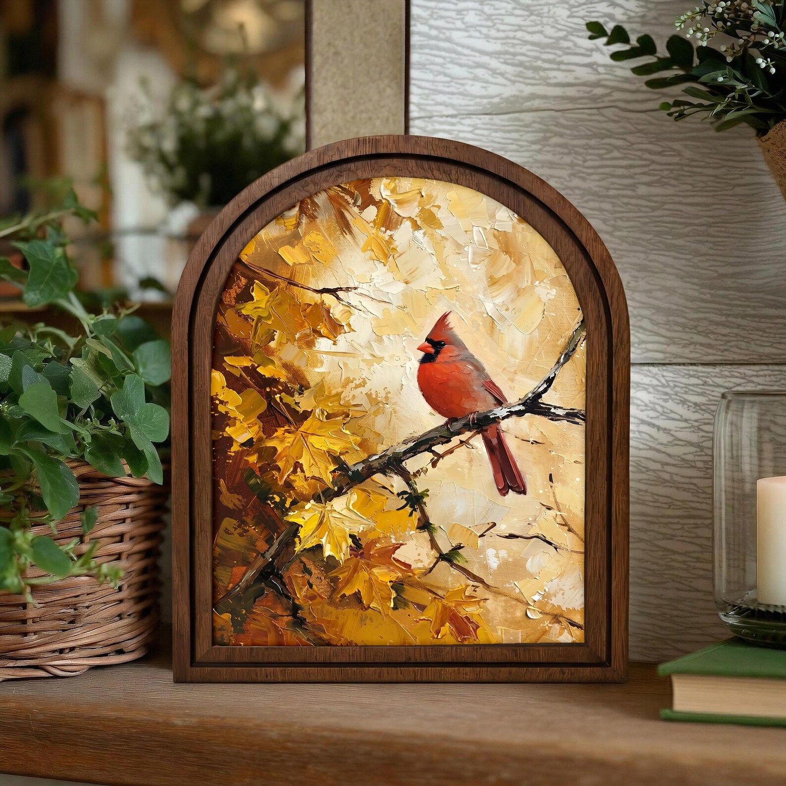 Cardinal Bird Art Arch Wood Frame Red Bird Painting Canvas Print Yellow ...