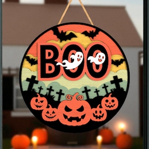 Halloween Door Hanger, 3D BOO with Ghosts Round Sign, Spooky Wooden Door Decor, Cute Scary Porch Welcome, Graveyard & Pumpkin Round Sign