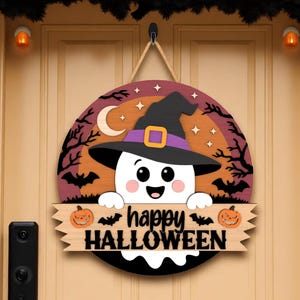 Halloween Door Hanger | Cute Ghost Witch Sign with Happy Halloween Text | Wooden Round Door Decor | Spooky Cute Fall Porch Decoration