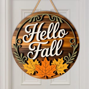 Hello Fall Wood Round Sign | Rustic Fall Door Hanger | Maple Leaf Fall ...