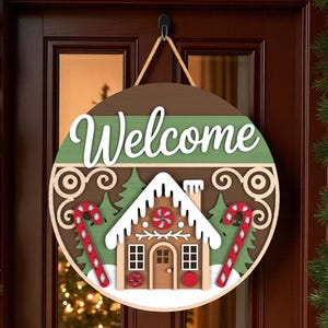 Christmas Door Hanger | Welcome Gingerbread House Sign with Candy Canes | Wooden Holiday Front Door Decor | Festive Winter Door Decoration