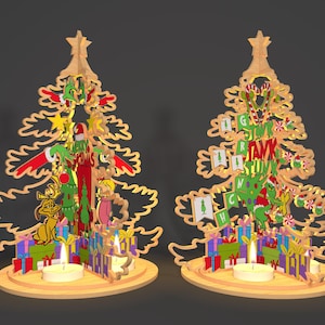 Merry Grinchmas staande boom lasergesneden bestand Svg, kerst tekens lamp Svg, nachtlampje kaars houder Svg, Glowforge Svg-bestand