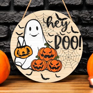 Halloween Door Hanger Hey Boo Sign | Cute Ghost and Pumpkin Wall Decor | Trick or Treat Ghost Welcome Sign | Spooky Round Halloween Plaque