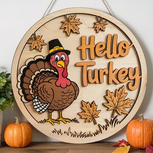 Hello Turkey Wooden Door Sign – Thanksgiving Gnome Decor with Pilgrim Hat – Fall Porch or Entryway Hanging