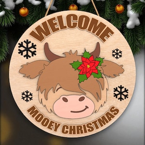 Willkommen Mooey Weihnachten Türschild | Highland Kuh Urlaub Schild | Rustikale Bauernhaus Weihnacht Tür Dekor | Süße Winter Haustür Dekoration