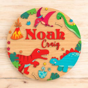 Dinosaur Wall Sign, Personalised Wall Sign, Name Sign, MDF Dino Nursery Plaque with T-Rex and Volcano, 3D Layered Wood Decor