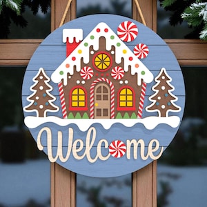 Gingerbread House Door Hanger | Welcome Sign with Candy Trees & Peppermints | Christmas Round Wooden Decor | Holiday Front Door Sign