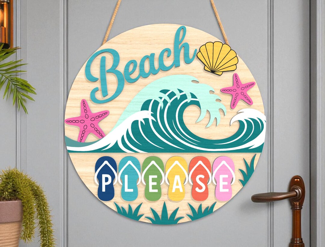 Summer Door Hanger | Beach Please Round Sign With Waves and Flip Flops ...