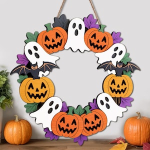 Ghirlanda di Halloween con fantasmi, zucche e pipistrelli – Graziosa e spettrale ghirlanda da appendere alla porta – Decorazione autunnale da parete per feste di Halloween o per la casa
