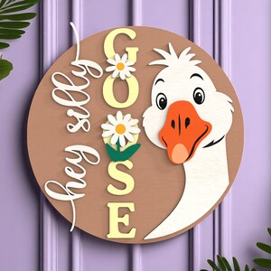 Hey Silly Goose Door Hanger | Funny Farmhouse Wall Sign | Daisy Goose Round Wooden Decor | Whimsical Animal Porch Sign Gift