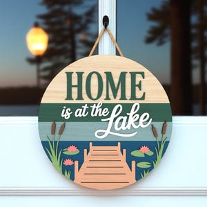 Lake House Door Hanger | Home Is At The Lake Sign with Dock and Flower | Summer Cottage Porch Decor | Multilayer Wooden Lake Wall Art