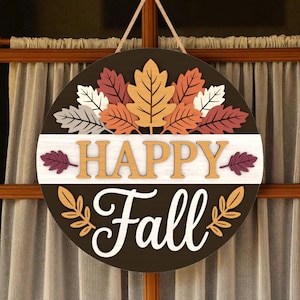 Fall Door Hanger | Happy Autumn Leaves Layered Wooden Sign | Rustic Farmhouse Front Door Decor | Seasonal Fall Door Decoration
