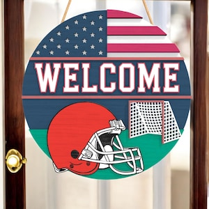 Football Door Hanger, Wooden Football Season Door Decor for Football Family, American Flag Helmet Wall Decor, Sports Front Door Hanger