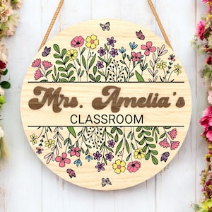 Personalized Teacher Sign, Floral Classroom Decor ,Round Wooden Door Sign for Teachers, Custom Name School Gift