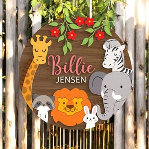 Custom Safari Animal 3D, Wood Nursery Name Sign, Personalized Jungle Large Wooden Above Crib Decor, Giraffe Lion Elephant Zebra Bunny