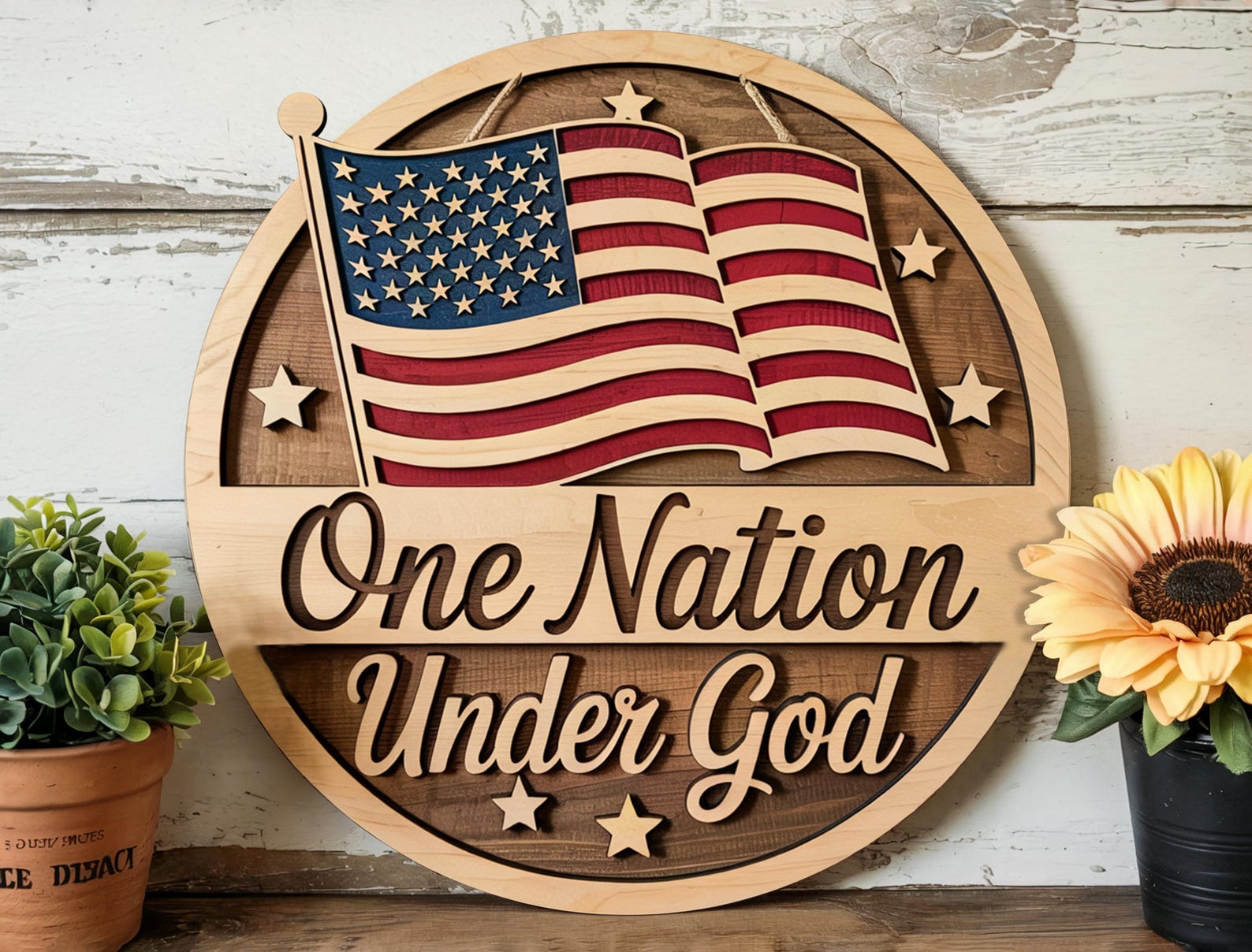 One Nation Under God Wooden Sign – Patriotic American Flag Wall Art ...